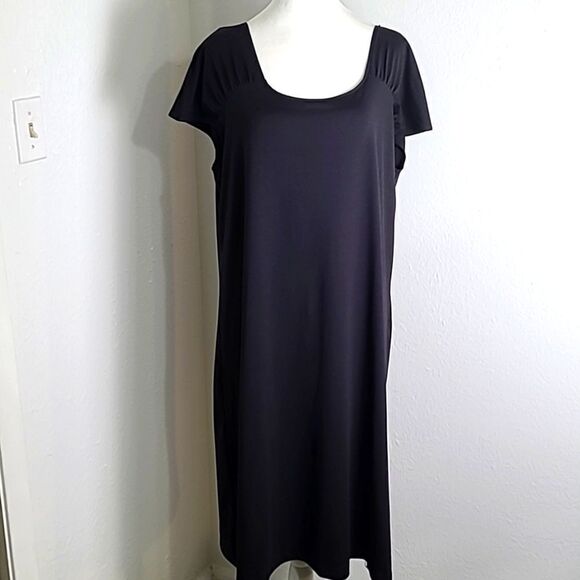 Jockey Solid Black Midi-Dress with Cap Sleeves & Pintuck at Shoulders, Size XL - Picture 1 of 8
